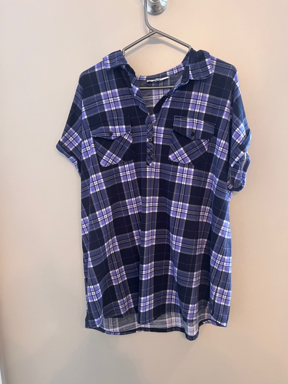 mySTYLE purple navy plaid Short Sleeve Shirt